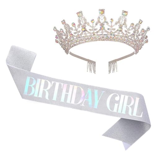 GIVBRO Strass-Tiara-Krone mit Kämmen, für Geburtstag, Mädchen, Schärpe, Abschlussball, Party, Kostüme, Geburtstagsdekorationen, Einheitsgröße, Metalllegierung von GIVBRO