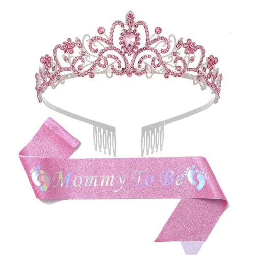 GIVBRO Strass-Tiara-Krone mit Kämmen und Schärpe für werdende Mütter, Babyparty, Party-Dekoration, Einheitsgröße, Metalllegierung von GIVBRO