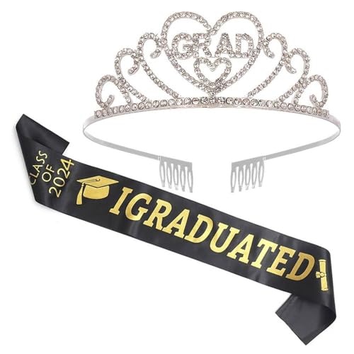 GIVBRO Strass-Tiara-Krone mit Kämmen und abgestufter Schärpe für Mädchen, Absolventen, Studenten, Abschlussfeier, Party-Dekoration, Gastgeschenke, Einheitsgröße, Metall von GIVBRO