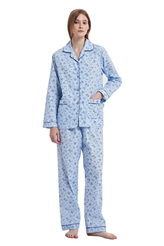 GLOBAL Damen Schlafanzug Baumwolle Damen Pyjama Set Lang Damen Zweiteiliger Nachtwäsche Komfortabel Loungewear Durchgeknöpft Oberteil & Hose Kordelzug Blaue Süße Blumen L von GLOBAL
