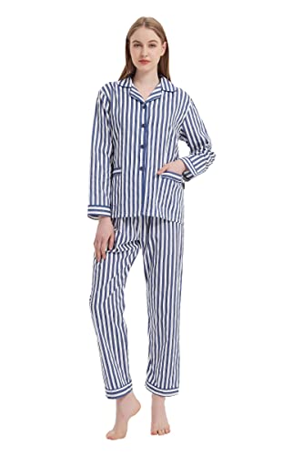 GLOBAL Damen Schlafanzug Baumwolle Damen Pyjama Set Lang Damen Zweiteiliger Nachtwäsche Komfortabel Loungewear Durchgeknöpft Oberteil & Hose Kordelzug Dunkelblaue Streifen M von GLOBAL