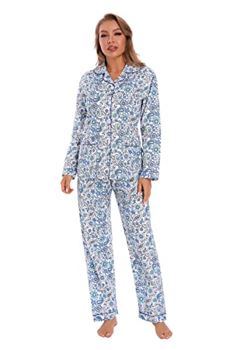 GLOBAL Damen Schlafanzug Baumwolle Damen Pyjama Set Lang Damen Zweiteiliger Nachtwäsche Komfortabel Loungewear Durchgeknöpft Oberteil & Hose Kordelzug Elegantes Blaugrünes Muster XL von GLOBAL