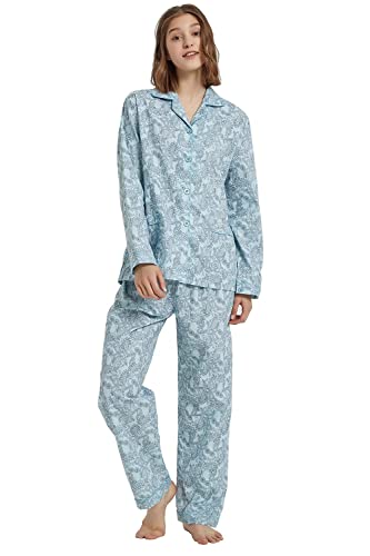 GLOBAL Damen Schlafanzug Baumwolle Damen Pyjama Set Lang Damen Zweiteiliger Nachtwäsche Komfortabel Loungewear Durchgeknöpft Oberteil & Hose Kordelzug Grünes Paisleymuster M von GLOBAL