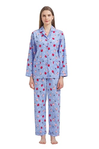 GLOBAL Damen Pyjamaset Baumwolle Schlafanzug Damen Lang Damen Zweiteiliger Nachtwäsche Komfortabel,Blau,Erdbeere,S von GLOBAL