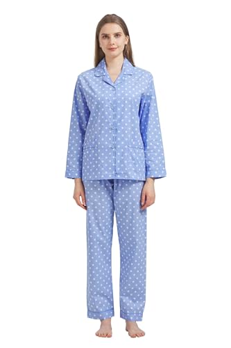 GLOBAL Damen Pyjamaset Baumwolle Schlafanzug Damen Lang Damen Zweiteiliger Nachtwäsche Komfortabel,Blau mit weißen Punkten,3XL von GLOBAL