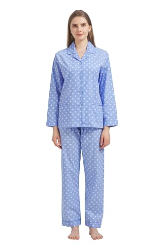 GLOBAL Damen Pyjamaset Baumwolle Schlafanzug Damen Lang Damen Zweiteiliger Nachtwäsche Komfortabel,Blau mit weißen Punkten,M von GLOBAL