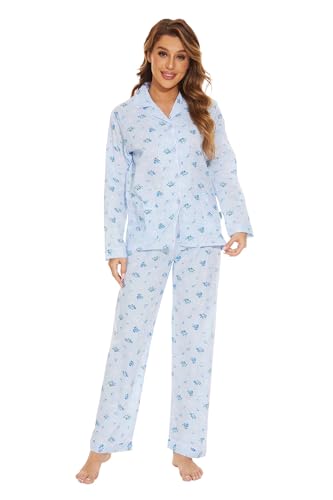 GLOBAL Damen Pyjamaset Baumwolle Schlafanzug Damen Lang Damen Zweiteiliger Nachtwäsche Komfortabel,Blaue Blume,M von GLOBAL