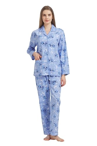 GLOBAL Damen Pyjamaset Baumwolle Schlafanzug Damen Lang Damen Zweiteiliger Nachtwäsche Komfortabel,Blaue Blume Weißer Hirsch,M von GLOBAL