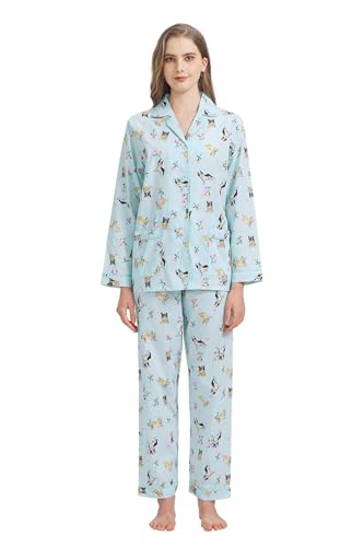 GLOBAL Damen Pyjamaset Baumwolle Schlafanzug Damen Lang Damen Zweiteiliger Nachtwäsche Komfortabel,Grün,Welpe,3XL von GLOBAL