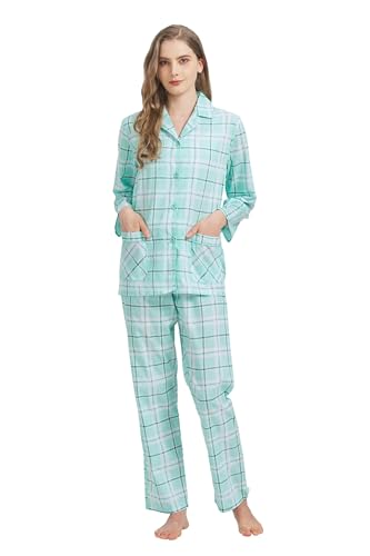 GLOBAL Damen Pyjamaset Baumwolle Schlafanzug Damen Lang Damen Zweiteiliger Nachtwäsche Komfortabel,Grüner Tartan,3XL von GLOBAL