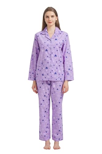 GLOBAL Damen Pyjamaset Baumwolle Schlafanzug Damen Lang Damen Zweiteiliger Nachtwäsche Komfortabel,Lila,Herz,M von GLOBAL