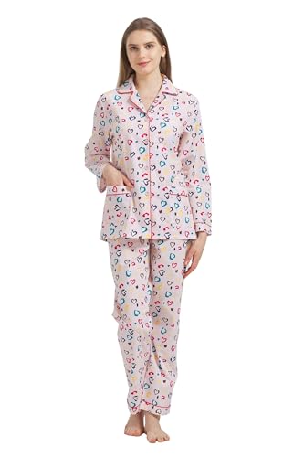 GLOBAL Damen Pyjamaset Baumwolle Schlafanzug Damen Lang Damen Zweiteiliger Nachtwäsche Komfortabel,Orange,Herz,S von GLOBAL