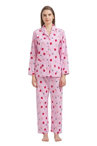 GLOBAL Damen Pyjamaset Baumwolle Schlafanzug Damen Lang Damen Zweiteiliger Nachtwäsche Komfortabel,Rosa,Erdbeere,3XL von GLOBAL
