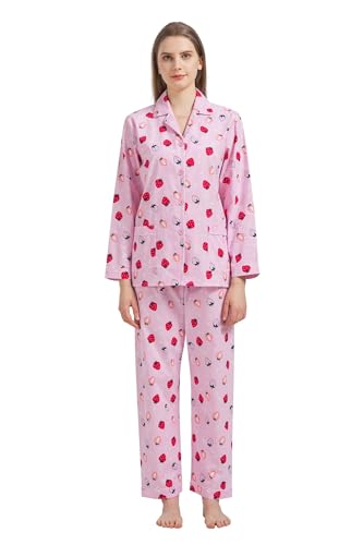 GLOBAL Damen Pyjamaset Baumwolle Schlafanzug Damen Lang Damen Zweiteiliger Nachtwäsche Komfortabel,Rosa,Erdbeere,L von GLOBAL