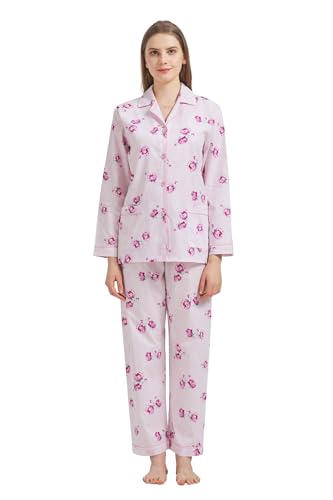 GLOBAL Damen Pyjamaset Baumwolle Schlafanzug Damen Lang Damen Zweiteiliger Nachtwäsche Komfortabel,Rosa Blume Weißer Hirsch,L von GLOBAL