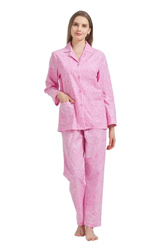 GLOBAL Damen Pyjamaset Baumwolle Schlafanzug Damen Lang Damen Zweiteiliger Nachtwäsche Komfortabel,Rosa Peris Muster,3XL von GLOBAL