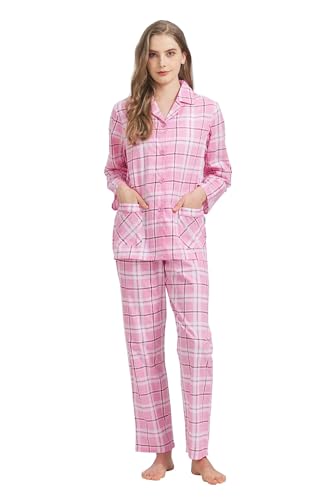 GLOBAL Damen Pyjamaset Baumwolle Schlafanzug Damen Lang Damen Zweiteiliger Nachtwäsche Komfortabel,Rosa Tartan,XL von GLOBAL