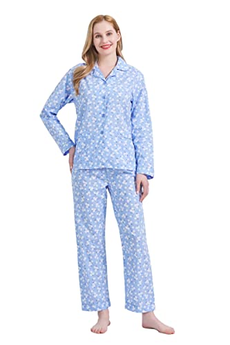 GLOBAL Damen Pyjamaset Baumwolle Schlafanzug Damen Lang Damen Zweiteiliger Nachtwäsche Komfortabel Blaue Blume 3XL von GLOBAL