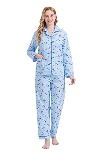 GLOBAL Damen Pyjamaset Baumwolle Schlafanzug Damen Lang Damen Zweiteiliger Nachtwäsche Komfortabel Blaue Blume 3XL von GLOBAL