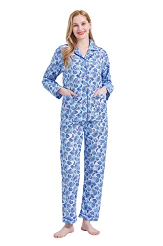 GLOBAL Damen Pyjamaset Baumwolle Schlafanzug Damen Lang Damen Zweiteiliger Nachtwäsche Komfortabel Blauer Paisley M von GLOBAL