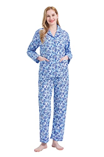 GLOBAL Damen Pyjamaset Baumwolle Schlafanzug Damen Lang Damen Zweiteiliger Nachtwäsche Komfortabel Blauer Paisley S von GLOBAL