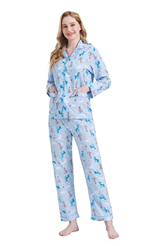 GLOBAL Damen Pyjamaset Baumwolle Schlafanzug Damen Lang Damen Zweiteiliger Nachtwäsche Komfortabel Blauer süßer M von GLOBAL