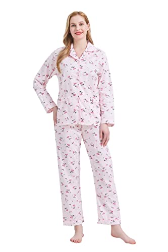 GLOBAL Damen Pyjamaset Baumwolle Schlafanzug Damen Lang Damen Zweiteiliger Nachtwäsche Komfortabel Rosa Blume 3XL von GLOBAL