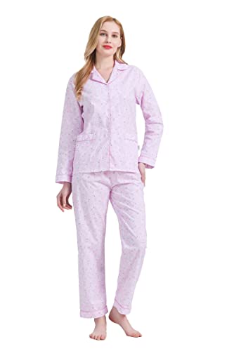 GLOBAL Damen Pyjamaset Baumwolle Schlafanzug Damen Lang Damen Zweiteiliger Nachtwäsche Komfortabel Rosa Blume L von GLOBAL