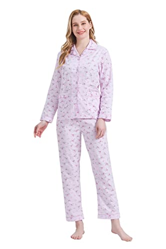 GLOBAL Damen Pyjamaset Baumwolle Schlafanzug Damen Lang Damen Zweiteiliger Nachtwäsche Komfortabel Rosa Blume M von GLOBAL