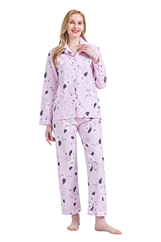 GLOBAL Damen Pyjamaset Baumwolle Schlafanzug Damen Lang Damen Zweiteiliger Nachtwäsche Komfortabel Rosa Blume S von GLOBAL