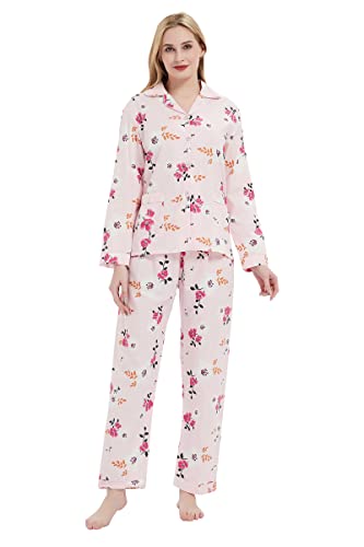 GLOBAL Damen Pyjamaset Baumwolle Schlafanzug Damen Lang Damen Zweiteiliger Nachtwäsche Komfortabel Rosa Blume XL von GLOBAL