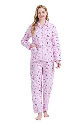 GLOBAL Damen Pyjamaset Baumwolle Schlafanzug Damen Lang Damen Zweiteiliger Nachtwäsche Komfortabel Rosa Blume XL von GLOBAL