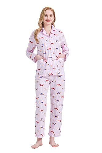 GLOBAL Damen Pyjamaset Baumwolle Schlafanzug Damen Lang Damen Zweiteiliger Nachtwäsche Komfortabel Rosa Gestreifter Hund XL von GLOBAL