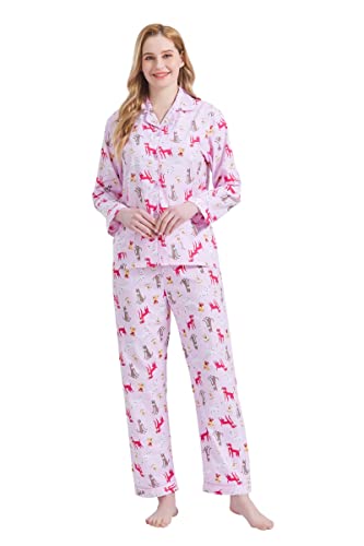 GLOBAL Damen Pyjamaset Baumwolle Schlafanzug Damen Lang Damen Zweiteiliger Nachtwäsche Komfortabel Rosa süßer Hund S von GLOBAL