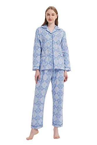 GLOBAL Damen Schlafanzug Baumwolle Damen Pyjama Set Lang Damen Zweiteiliger Nachtwäsche Komfortabel Loungewear Durchgeknöpft Oberteil & Hose Kordelzug Blaues und Weißes Porzellan S von GLOBAL