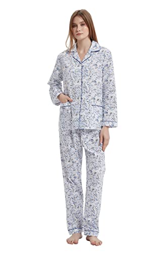 GLOBAL Damen Schlafanzug Baumwolle Damen Pyjama Set Lang Damen Zweiteiliger Nachtwäsche Komfortabel Loungewear Durchgeknöpft Oberteil & Hose Kordelzug Elegante Blaue Blume S von GLOBAL