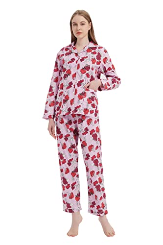 GLOBAL Damen Schlafanzug Baumwolle Damen Pyjama Set Lang Damen Zweiteiliger Nachtwäsche Komfortabel Loungewear Durchgeknöpft Oberteil & Hose Kordelzug Leidenschaftlicher Färberdistel L von GLOBAL