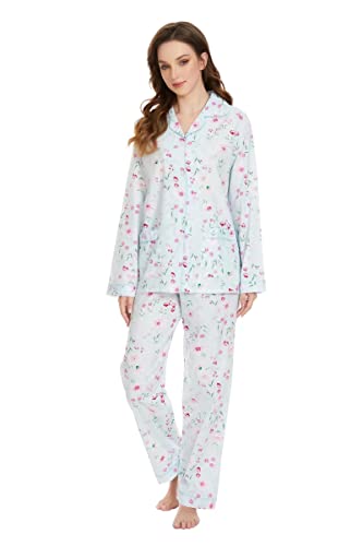 GLOBAL Damen Schlafanzug Baumwolle Damen Pyjama Set Lang Damen Zweiteiliger Nachtwäsche Komfortabel Loungewear Durchgeknöpft Oberteil & Hose Kordelzug Rosa Blume des Grünen S von GLOBAL