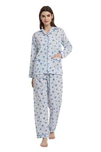 GLOBAL Damen Schlafanzug Baumwolle Damen Pyjama Set Lang Damen Zweiteiliger Nachtwäsche Komfortabel Loungewear Durchgeknöpft Oberteil & Hose Kordelzug Wunderschöne Blaue Blume L von GLOBAL