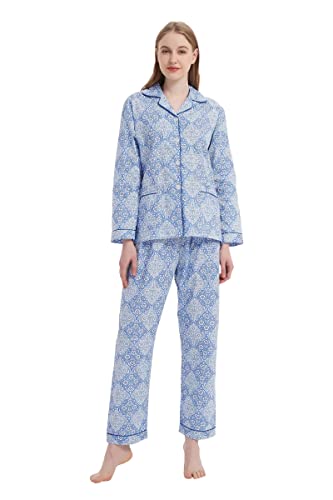 GLOBAL Damen Schlafanzug Baumwolle Damen Pyjama Set Lang Damen Zweiteiliger Nachtwäsche Komfortabel Loungewear Durchgeknöpft Oberteil & Hose Kordelzug Blaues und Weißes Porzellan XL von GLOBAL