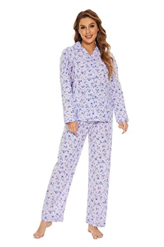 GLOBAL Damen Schlafanzug Baumwolle Damen Pyjama Set Lang Damen Zweiteiliger Nachtwäsche Komfortabel Loungewear Durchgeknöpft Oberteil & Hose Kordelzug Lila und Blaue Blumen M von GLOBAL