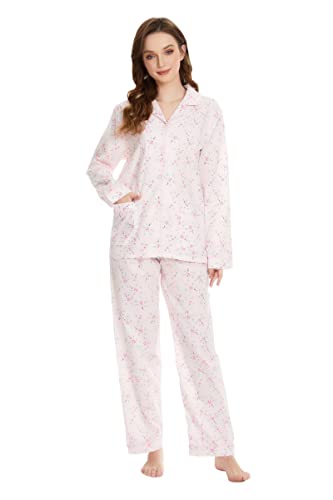 GLOBAL Damen Schlafanzug Baumwolle Damen Pyjama Set Lang Damen Zweiteiliger Nachtwäsche Komfortabel Loungewear Durchgeknöpft Oberteil & Hose Kordelzug Pinke Blumen L von GLOBAL