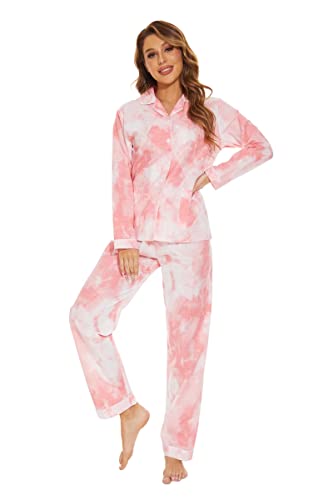 GLOBAL Damen Schlafanzug Baumwolle Damen Pyjama Set Lang Damen Zweiteiliger Nachtwäsche Komfortabel Loungewear Durchgeknöpft Oberteil & Hose Kordelzug Rosa Krawattenfarbe L von GLOBAL