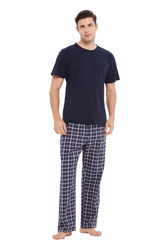 GLOBAL Herren Kurz Pyjama aus Baumwolle,T-Shirt mit Klassischer Karierter Hose Sommerhose，L von GLOBAL