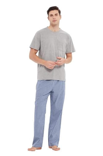 GLOBAL Herren Kurz Pyjama aus Baumwolle,T-Shirt mit Klassischer Karierter Hose Sommerhose，L von GLOBAL