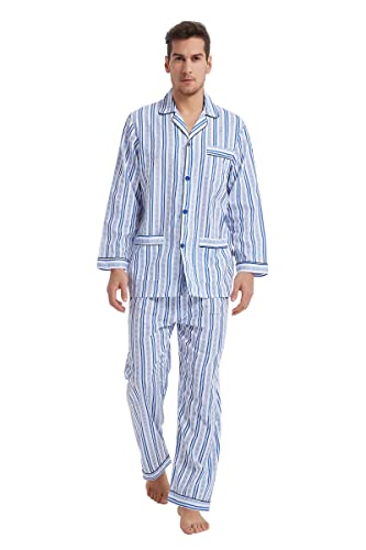 GLOBAL Herren Schlafanzug Lang Baumwolle Pyjama Set Zweiteiliger Nachtwäsche Langarm Shirt V Ausschnitt Taschen Knopfleiste Loungehose Band Nightwear Blau Gestreiftes Rautenkaro M von GLOBAL