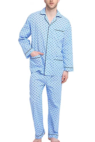 GLOBAL Herren Schlafanzug Lang Baumwolle Pyjama Set Zweiteiliger Nachtwäsche Langarm Shirt V Ausschnitt Taschen Knopfleiste Loungehose Band Nightwear Blauer Diamant S von GLOBAL