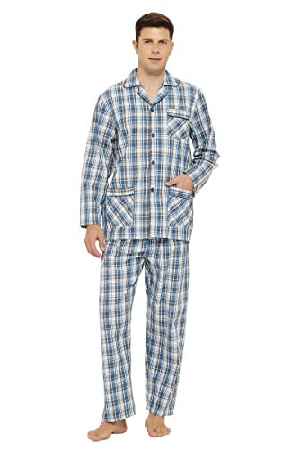 GLOBAL Herren Schlafanzug Lang Baumwolle Pyjama Set Zweiteiliger Nachtwäsche Langarm Shirt V Ausschnitt Taschen Knopfleiste Loungehose Band Nightwear Braun Blau Plaid M von GLOBAL