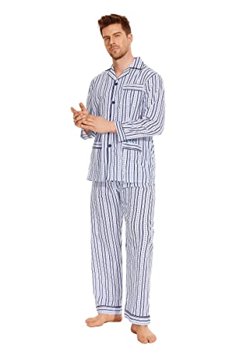 GLOBAL Herren Schlafanzug Lang Baumwolle Pyjama Set Zweiteiliger Nachtwäsche Langarm Shirt V Ausschnitt Taschen Knopfleiste Loungehose Band Nightwear Dunkelblaue Streifen M von GLOBAL