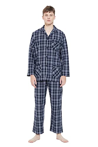 GLOBAL Herren Schlafanzug Lang Baumwolle Pyjama Set Zweiteiliger Nachtwäsche Langarm Shirt V Ausschnitt Taschen Knopfleiste Loungehose Band Nightwear Elegantes Indigo-Karo S von GLOBAL